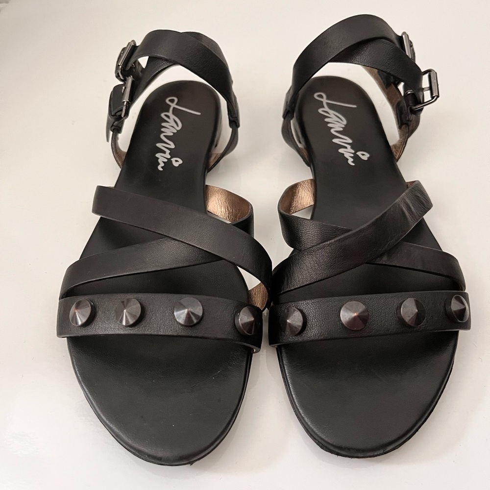 LANVIN Womens Studded Strappy Flat sandals Black Size 39 Leather Preloved
